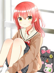 Rule 34 | 1girl, absurdres, bag, black skirt, blush, bocchi the rock!, bow, bowtie, brown sweater, closed mouth, collarbone, commentary request, feet out of frame, hair between eyes, highres, kita ikuyo, knees up, long hair, long sleeves, looking at viewer, one side up, pleated skirt, red bow, red bowtie, red hair, ryoutan, sailor collar, school bag, sitting, skirt, smile, socks, solo, sweater, white sailor collar, white socks, window, yellow eyes