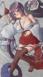 Rule 34 | 1girl, @ @, akebono (kancolle), alternate breast size, bell, black panties, blue skirt, blush, bra, breasts, closed mouth, hair bell, hair ornament, hakama, hakama short skirt, hakama skirt, highres, japanese clothes, jingle bell, kantai collection, kimono, large breasts, long hair, long sleeves, looking at viewer, lying, no bra, on back, on bed, panties, pleated skirt, purple eyes, purple hair, red hakama, school uniform, serafuku, side ponytail, skirt, smile, solo, underwear, very long hair, white kimono, wide sleeves, yuki to hana