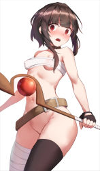 Rule 34 | 1girl, bad proportions, bandaged leg, bandages, bare shoulders, belt, black thighhighs, blush, bottomless, breasts, brown hair, chest sarashi, collar, commentary request, covered erect nipples, cowboy shot, fingerless gloves, gloves, groin, highres, holding, holding staff, kono subarashii sekai ni shukufuku wo!, looking at viewer, megumin, navel, no panties, open mouth, pussy, red eyes, sarashi, short hair, short hair with long locks, sidelocks, simple background, single thighhigh, small breasts, solo, staff, stomach, teeth, thighhighs, upper teeth only, viral1112, white background