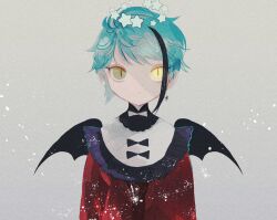 Rule 34 | 1boy, aged down, bat wings, black bow, black hair, black wings, blouse, blue hair, blue halo, bow, bowtie, dangle earrings, earrings, expressionless, frilled shirt, frills, grey background, halo, heterochromia, high collar, highres, jade leech, jewelry, li04r, looking at viewer, male focus, multicolored hair, red shirt, shirt, short hair, single earring, slit pupils, solo, sparkle, standing, star halo, streaked hair, twisted wonderland, upper body, white bow, white bowtie, wings, yellow eyes