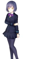 Rule 34 | 1girl, black jacket, black pantyhose, black skirt, bow, bowtie, caopy123, closed mouth, collared shirt, dress shirt, grey hair, hair between eyes, highres, jacket, long sleeves, looking at viewer, miniskirt, nijisanji, pantyhose, pleated skirt, purple bow, purple bowtie, shirt, shizuka rin, short hair, simple background, skirt, smile, solo, standing, virtual youtuber, white background, white shirt, wing collar, yellow eyes