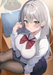 Rule 34 | 1girl, blush, bow, bowtie, breasts, closed mouth, couch, cover, cover page, from above, green eyes, grey hair, hair between eyes, highres, large breasts, long hair, long sleeves, looking at viewer, miniskirt, original, pillow, pink pupils, piyopoyo, pleated skirt, school uniform, sidelocks, sitting, skirt, smile, solo