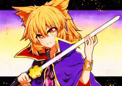 Rule 34 | 1girl, bad id, bad twitter id, blonde hair, bracelet, cape, earmuffs, gold trim, highres, holding, holding sword, holding weapon, jewelry, looking at viewer, pointy hair, qqqrinkappp, short hair, simple background, solo, sword, touhou, toyosatomimi no miko, traditional media, upper body, weapon, yellow eyes