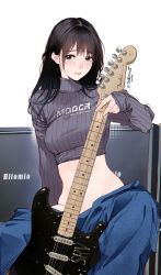 Rule 34 | 1girl, absurdres, artist name, breasts, brown eyes, brown hair, crop top, denim, guitar, guitar little sister (hitomi o), hair between eyes, highres, hitomi o, instrument, long hair, long sleeves, looking at viewer, looking to the side, midriff, original, pale skin, pants, parted lips, ribbed sweater, simple background, sitting, sleeves past wrists, solo, sweatdrop, sweater, trembling, turtleneck, turtleneck sweater, white background