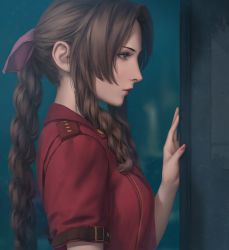 Rule 34 | 1girl, aerith gainsborough, blurry, blurry background, bow, braid, braided ponytail, breasts, brown hair, drill hair, final fantasy, final fantasy vii, final fantasy vii remake, green eyes, hair bow, highres, jacket, lipstick, long hair, makeup, miura-n315, nail polish, purple bow, red jacket, short sleeves, sidelocks, small breasts, solo, square enix, twin drills, upper body