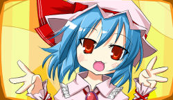 Rule 34 | 1girl, bad id, bad pixiv id, blue hair, bonnet, bow, female focus, hat, lucky star, md5 mismatch, motteke! serafuku, open mouth, parody, pink hat, red eyes, remilia scarlet, ribbon, scarlet (studioscr), short hair, simple background, solo, style parody, touhou, yellow background