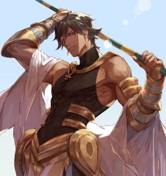 Rule 34 | 1boy, ahoge, arm armor, black hair, cape, clear sky, covered abs, covered navel, dark-skinned male, dark skin, earrings, egyptian clothes, fate/grand order, fate (series), glitter, jewelry, looking at viewer, male focus, manly, ozymandias (fate), sky, smile, solo, sunlight, tight clothes, white cape, yellow eyes, yevnean
