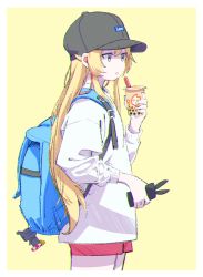 Rule 34 | 1girl, alternate costume, backpack, bag, black eyes, black hat, blonde hair, bubble tea, cellphone, charm (object), clothes writing, cup, disposable cup, hat, highres, holding, holding phone, hood, hoodie, kantai collection, long hair, long sleeves, open mouth, phone, rensouhou-chan, saitama (antitankromeo), shimakaze (kancolle), shorts, simple background, smartphone, solo, two-tone background