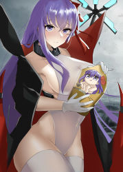 Rule 34 | absurdres, bare shoulders, bat wings, bb (fate), bb (fate) (all), bb (swimsuit mooncancer) (fate), black coat, blush, breasts, coat, fate/grand order, fate (series), gloves, hair ribbon, highleg, highleg leotard, highres, large breasts, leotard, long hair, looking at viewer, musicatopos, neck ribbon, odradek, open clothes, open coat, popped collar, purple eyes, purple hair, red ribbon, ribbon, thighhighs, thighs, very long hair, white gloves, white leotard, wings
