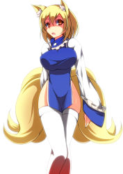 Rule 34 | 1girl, animal ears, blonde hair, breasts, crossed legs, fox ears, fox tail, impossible clothes, large breasts, long sleeves, merry (diameri), multiple tails, open mouth, shiny skin, shirt, solo, standing, tabard, tail, thighhighs, touhou, white shirt, white thighhighs, wide sleeves, yakumo ran, yellow eyes