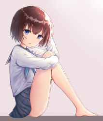 Rule 34 | 1girl, arm up, bad id, bad pixiv id, bare legs, barefoot, blue eyes, blue neckerchief, blue sailor collar, blue skirt, blush, brown background, brown hair, commentary request, coraman, from side, full body, hair between eyes, head tilt, hugging own legs, long sleeves, looking at viewer, looking to the side, neckerchief, original, parted lips, pleated skirt, sailor collar, school uniform, serafuku, short hair, sitting, skirt, solo, two-tone background