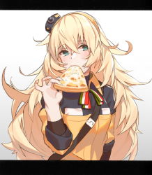 Rule 34 | 1girl, bad id, bad pixiv id, blonde hair, blush, closed mouth, crossed bangs, cyjalway, eating, food, girls&#039; frontline, green eyes, hair flaps, hairband, hat, highres, holding, holding food, letterboxed, long hair, looking at viewer, mini hat, pizza, s.a.t.8 (girls&#039; frontline), solo, upper body, very long hair