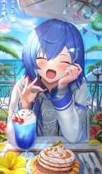 Rule 34 | 1girl, ^ ^, armband, black shirt, blue hair, blue neckwear, blue sky, blurry, blush, butter knife, cafe, cherry, closed eyes, cloud, commentary request, cup, day, depth of field, dolphin hair ornament, drawstring, drinking glass, drinking straw, facing viewer, fang, flower, food, fork, fruit, glint, grey hoodie, hair between eyes, head rest, head tilt, hibiscus, highres, holding, hood, hood down, hoodie, lens flare, long sleeves, medium hair, nijisanji, nishizono chigusa, nishizono chigusa (1st costume), ocean, open mouth, outdoors, palm tree, pancake, parasol, parted bangs, petals, plaid neckwear, pov, print hoodie, red flower, seashell, shade, shell, shirt, skin fang, sky, smile, solo, starfish, sunlight, suraimu (suraimuraimu), table, tree, umbrella, virtual youtuber, whipped cream, yellow flower