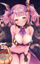 Rule 34 | 1girl, absurdres, bare shoulders, basket, bikini, blush, breasts, candy, cleavage, fingerless gloves, food, gloves, halloween, halloween bucket, halloween costume, head wings, highres, holding, holding basket, king&#039;s raid, large breasts, leaning forward, long hair, looking at viewer, navel, nyahu (nyahu 77), open mouth, pink hair, rehartna (king&#039;s raid), swimsuit, twintails, wings