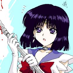 Rule 34 | 1girl, :o, bad id, bishoujo senshi sailor moon, blood, bloody weapon, blue background, blunt ends, blush, bob cut, bow, bowtie, brooch, choker, close-up, commentary, glaive (polearm), gloves, holding, holding weapon, incoming attack, jewelry, leotard, light blush, looking afar, looking ahead, lowres, magical girl, notice lines, oekaki, open mouth, pixel art, polearm, portrait, purple choker, purple eyes, purple hair, purple sailor collar, red bow, red bowtie, sailor collar, sailor saturn, sailor senshi uniform, short hair, shou (akuma no ryouiki), silence glaive, sleeveless, solo, star (symbol), star brooch, star choker, tiara, tomoe hotaru, translated, weapon, white background, white gloves, white leotard