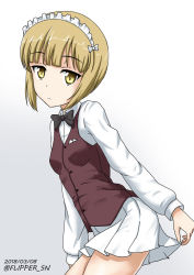 Rule 34 | 10s, 1girl, black bow, black bowtie, blonde hair, bow, bowtie, brown vest, closed mouth, commentary, cowboy shot, cutlass (girls und panzer), dated, dress shirt, flipper, from side, frown, girls und panzer, gradient background, grey background, handkerchief, long sleeves, looking at viewer, maid headdress, one-hour drawing challenge, pleated skirt, shirt, short hair, skirt, skirt hold, solo, standing, twitter username, vest, white shirt, wing collar, yellow eyes
