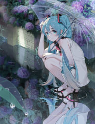 Rule 34 | 1girl, absurdres, aqua eyes, aqua hair, bare shoulders, blue flower, blurry, blurry background, blurry foreground, chinese commentary, commentary, depth of field, dress, flower, furrowed brow, hair ornament, hand in own hair, hatsune miku, high heels, highres, holding, holding umbrella, hydrangea, leaf, light blush, long hair, looking at viewer, purple flower, reflection, ripples, sleeveless, sleeveless dress, smile, solo, squatting, transparent, transparent umbrella, twintails, umbrella, very long hair, vocaloid, water drop, white dress, yaomiaomiao