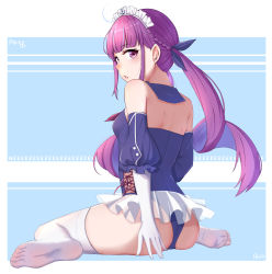 Rule 34 | 1girl, absurdres, ahoge, anhun, ass, azur lane, bare shoulders, blunt bangs, blush, breasts, character name, chestnut mouth, colored inner hair, crossover, detached sleeves, feet, from behind, full body, gloves, hair ribbon, highres, hololive, leotard, long hair, looking at viewer, low twintails, maid headdress, minato aqua, multicolored hair, nose blush, open mouth, purple eyes, purple hair, ribbon, shoulder blades, signature, sitting, small breasts, soles, solo, thighhighs, tutu, twintails, very long hair, virtual youtuber, wariza, white gloves, white thighhighs