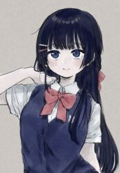 Rule 34 | 1girl, arm up, black hair, black sweater vest, blue eyes, blush, bow, bowtie, closed mouth, grey background, hair bow, hair ornament, hairclip, long hair, nijisanji, red bow, red bowtie, shirt, short sleeves, sidelocks, simple background, smile, solo, sweater vest, tsukino mito, tsukino mito (3rd costume), uminokaisen, upper body, very long hair, virtual youtuber, white shirt