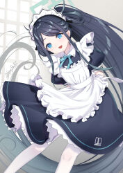 Rule 34 | 1girl, absurdly long hair, apron, aris (blue archive), aris (maid) (blue archive), black hair, blue archive, blue eyes, highres, long hair, looking at viewer, maid, maid apron, maid headdress, official alternate costume, open mouth, pantyhose, shibi, short sleeves, smile, solo, twitter username, very long hair, white pantyhose