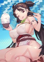 Rule 34 | 1girl, bare shoulders, body markings, bowl, breasts, brown eyes, brown hair, chopsticks, dress, facial mark, fate/grand order, fate (series), forehead, forehead mark, highres, himiko (fate), himiko (first ascension) (fate), jewelry, large breasts, licking lips, long hair, looking at viewer, magatama, magatama necklace, necklace, no bra, no panties, nox13, one eye closed, rice, rice bowl, sash, seiza, side slit, sideboob, sitting, smile, thighs, tongue, tongue out, topknot, twintails, white dress