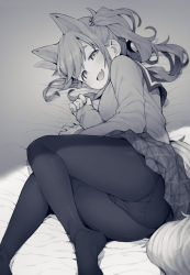 Rule 34 | 1girl, :d, animal ears, ass, black pantyhose, blush, dog ears, dog tail, fang, greyscale, hair bobbles, hair ornament, highres, inuyama aoi, jp06, kemonomimi mode, long hair, long sleeves, looking at viewer, lying, monochrome, no shoes, on side, open mouth, panties, panties under pantyhose, pantyhose, plaid, plaid skirt, sailor collar, school uniform, side ponytail, skin fang, skirt, smile, solo, tail, thick eyebrows, underwear, yurucamp