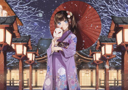 Rule 34 | 1girl, bare tree, blue eyes, brown hair, commentary request, fox mask, hair ornament, holding, holding mask, japanese clothes, kanzashi, kimono, lantern, long hair, looking at viewer, mask, night, oil-paper umbrella, original, outdoors, purple kimono, side ponytail, smile, snow, snowing, solo, temple, tree, tsubure manjuu, umbrella, winter