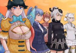Rule 34 | 5girls, animal ears, arms at sides, black hair, blue eyes, blue hair, bow, bowtie, breasts, byakko (kemono friends), center frills, cleavage, cleavage cutout, closed eyes, closed mouth, clothing cutout, collared dress, collared shirt, dress, evening, frills, fur collar, genbu (kemono friends), gloves, green eyes, grey eyes, grey hair, hands on own hips, head wings, heterochromia, high ponytail, horns, jacket, kemono friends, kemono friends 3, kirin (kemono friends), large breasts, long sleeves, looking afar, looking at viewer, medium hair, miniskirt, multicolored hair, multiple girls, murakami kou (raye), necktie, orange sky, outdoors, parted lips, plaid, plaid necktie, plaid skirt, pleated skirt, puffy short sleeves, puffy sleeves, red hair, seiryuu (kemono friends), shirt, shishin (kemono friends), short sleeves, skirt, sky, slit pupils, smile, standing, suzaku (kemono friends), sweater vest, tail, thighhighs, tiger ears, twintails, white hair, wing collar, wings, yellow eyes, zettai ryouiki