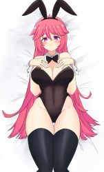 Rule 34 | 1girl, animal ears, assault lily, bare shoulders, bed sheet, black bow, black bowtie, black hairband, black leotard, black thighhighs, blush, bow, bowtie, breasts, cleavage, closed mouth, commentary, covered navel, detached collar, fake animal ears, feet out of frame, groin, hair between eyes, hairband, hands on own chest, hands up, highleg, highleg leotard, highres, jewelry, kuramata yukiyo, large breasts, leotard, long hair, looking at viewer, lying, on back, pink hair, playboy bunny, purple eyes, rabbit ears, ring, smile, solo, strapless, strapless leotard, thigh gap, thighhighs, ueda (ueeeeeeeee1006), very long hair, wrist cuffs