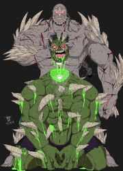 Rule 34 | 2boys, black background, black hair, blood, colored skin, crossover, dc comics, death, death battle, doomsday (dc), evil grin, evil smile, giant, glowing, glowing eyes, green eyes, green skin, grey skin, grin, guro, headless, henil031, highres, hulk, male focus, marvel, monster, multiple boys, muscular, red eyes, smile, spikes, tagme