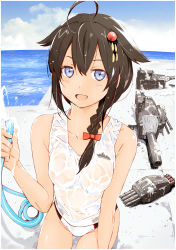 Rule 34 | 1girl, :d, ahoge, alternate costume, black hair, blue eyes, braid, cannon, hair flaps, hair ornament, hair over shoulder, highres, holding, holding hose, hose, kantai collection, long hair, looking at viewer, machinery, nipples, open mouth, see-through, shigure (kancolle), shigure kai ni (kancolle), single braid, smile, solo, swimsuit, tan, torpedo tubes, wet, wet clothes, yoshinaga yunosuke