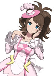 Rule 34 | 1girl, absurdres, blue eyes, blush, brown hair, closed mouth, collarbone, commentary, creatures (company), eyelashes, frills, game freak, hands up, hat, high ponytail, highres, hilda (pokemon), hilda (special costume) (pokemon), long hair, looking at viewer, nintendo, nishikino kee, official alternate costume, pink hat, pokemon, pokemon masters ex, sidelocks, simple background, solo, upper body, white background