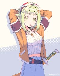 Rule 34 | 1girl, aegissanp, armband, arms behind head, carrot hair ornament, carrot necklace, commentary, crop top, food, food-themed hair ornament, goggles, goggles on head, green eyes, green hair, gumi, hair ornament, hairclip, highres, jacket, jewelry, long sleeves, midriff, mouth hold, necklace, pocky, sheath, sheathed, short hair, skirt, solo, sword, vocaloid, weapon
