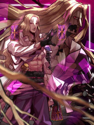 Rule 34 | 1boy, abs, basil hawkins, black gloves, blonde hair, card, cowboy shot, cross, cszdl502, expressionless, facial mark, gloves, highres, holding, holding card, jacket, long hair, long sleeves, male focus, one piece, open clothes, open jacket, red eyes, sheath, sheathed, solo, tarot, white jacket