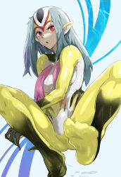 Rule 34 | 1girl, ao no roku-gou, breasts, colored skin, daraz, facial mark, full body, highres, long hair, looking at viewer, monster girl, multicolored skin, mutio, open mouth, pointy ears, red eyes, simple background, solo, yellow skin