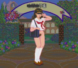 Rule 34 | 1girl, bag, bar censor, bell, bottomless, brown footwear, brown hair, building, bush, censored, censored by text, censored text, day, entrance, facing viewer, flower, full body, holding, identity censor, kneehighs, legs together, loafers, long hair, looking at viewer, mission school zukan, mountain, navel, neckerchief, open mouth, pixel art, pubic hair, public indecency, pussy, red neckerchief, saiwai hiroshi, school, school bag, school gate, school gateway, school uniform, serafuku, shirt, shoes, short sleeves, sign, sky, smile, socks, standing, teeth, ultra box 2, w, white footwear, white shirt, white socks, zenra
