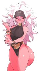Rule 34 | android 21, black hat, black sclera, colored sclera, colored skin, curvy, dragon ball, dragonball z, earrings, hair between eyes, hat, highres, inkerton-kun, jewelry, long hair, looking at viewer, majin android 21, one-piece swimsuit, pink eyes, pink skin, pointy ears, simple background, smirk, solo, swimsuit, tail, wavy hair, white background, white hair