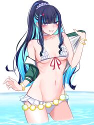 Rule 34 | 1girl, absurdres, bare shoulders, belly chain, bikini, black hair, blue hair, blush, breasts, colored inner hair, eyeliner, fate/grand order, fate (series), green jacket, grey eyes, high ponytail, highres, jacket, jewelry, long hair, long sleeves, looking at viewer, makeup, mcpc zamurai, multicolored hair, navel, ponytail, sidelocks, small breasts, smile, solo, sunglasses, swimsuit, tenochtitlan (fate), tenochtitlan (swimsuit mooncancer) (fate), tenochtitlan (swimsuit mooncancer) (first ascension) (fate), white bikini