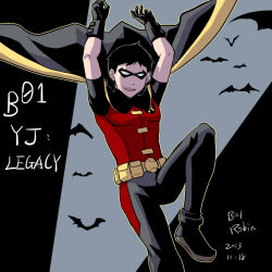 Rule 34 | 10s, 1boy, 2013, bat (animal), batman (series), black hair, boots, cape, character name, dc comics, dick grayson, domino mask, male focus, mask, riyan, robin (dc), solo, young justice: invasion