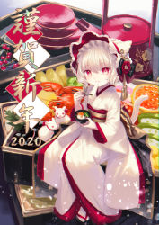 Rule 34 | 1girl, 2020, animal, black bow, black footwear, bow, bowl, chinese zodiac, chopsticks, closed mouth, commentary request, eating, food, hair between eyes, happy new year, highres, holding, holding bowl, holding chopsticks, japanese clothes, kimono, light brown hair, looking at viewer, mini person, minigirl, mouse (animal), new year, obi, original, osechi, red eyes, sash, smile, solo, tabi, tail, translation request, white kimono, white legwear, year of the rat, yumeichigo alice