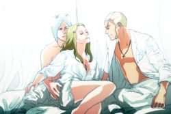 Rule 34 | 1girl, 2boys, blonde hair, cross, cross necklace, enrico pucci, jewelry, jojo no kimyou na bouken, long hair, multiple boys, necklace, perla pucci, pppuni, siblings, weather report, white hair