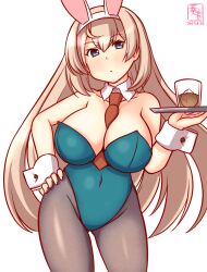 Rule 34 | 1girl, alcohol, animal ears, between breasts, blonde hair, blue eyes, breasts, brown pantyhose, cleavage, covered navel, cowboy shot, cup, detached collar, drinking glass, fake animal ears, green leotard, hair between eyes, ice, kanon (kurogane knights), kantai collection, large breasts, leotard, long hair, looking at viewer, necktie, necktie between breasts, one-hour drawing challenge, pantyhose, playboy bunny, rabbit ears, solo, strapless, strapless leotard, tray, victorious (kancolle), wrist cuffs