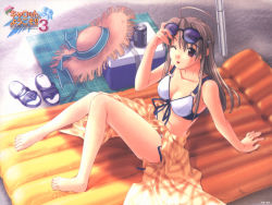 Rule 34 | 1990s (style), 1girl, :p, ahoge, arm support, barefoot, beach, bikini, breasts, brown hair, cleavage, feet, hashimoto takashi, hat, large breasts, pia carrot (series), pia carrot e youkoso!!, pia carrot e youkoso!! 3, red eyes, sandals, sarong, solo, sunglasses, swimsuit, takai sayaka, tongue, tongue out, wallpaper