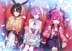 Rule 34 | 3girls, alternate costume, aqua eyes, belt, black bow, black hair, blue skirt, bow, breasts, churro, collar, cup, curled horns, disposable cup, drinking straw, eating, elizabeth bathory (fate), elizabeth bathory (fate/extra ccc), fate/grand order, fate (series), feather hair, finger cots, food, food on face, hair ribbon, hanagata, hands on lap, hood, hoodie, horns, long hair, long sleeves, mash kyrielight, medium breasts, movie theater, multiple girls, off-shoulder shirt, off shoulder, official alternate costume, official art, open mouth, ortlinde (fate), own hands clasped, own hands together, petals, pink collar, pink hair, pink shirt, pointy ears, puffy long sleeves, puffy sleeves, purple eyes, purple hair, purple ribbon, red eyes, ribbon, shawl, shirt, short hair, sitting, skirt, sleeveless, sleeveless shirt, smile, tearing up, two side up, valkyrie (fate), wavy mouth, white shirt, white skirt, yellow hoodie