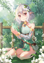 Rule 34 | 1girl, absurdres, antenna hair, bare shoulders, blurry, blurry foreground, blush, breasts, closed mouth, commentary request, depth of field, detached sleeves, dress, fence, fingernails, flower, green dress, hair between eyes, hair flower, hair ornament, highres, holmemee, kokkoro (princess connect!), long sleeves, looking at viewer, pointy ears, princess connect!, puffy long sleeves, puffy sleeves, red eyes, see-through, see-through sleeves, silver hair, sleeveless, sleeveless dress, small breasts, smile, solo, white flower