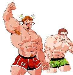 Rule 34 | &gt; &lt;, 2boys, abs, alternate pectoral size, animal ears, arm up, armpit hair, armpits, bara, blush, boxers, brown hair, bulge, couple, cow boy, cow ears, cow horns, cropped legs, facial hair, facial scar, fiery horns, forked eyebrows, goatee, green male underwear, green shorts, horns, large bulge, large pectorals, looking at another, male focus, male underwear, mature male, multiple boys, muscular, muscular male, navel, navel hair, nipples, pectorals, red male underwear, red shorts, scar, scar on arm, scar on cheek, scar on face, short hair, shorts, sideburns, spiked hair, stomach, stubble, syukapong, tamamura gunzo, thick eyebrows, thick thighs, thighs, tokyo houkago summoners, underwear, underwear only, wakan tanka, yaoi