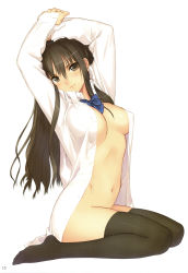 Rule 34 | 1girl, arms up, black hair, black legwear, bottomless, bow, breasts, dress shirt, highres, legs, long hair, long legs, naked shirt, navel, no bra, no panties, open clothes, open shirt, shirt, simple background, sitting, smile, solo, thighhighs, thighs, tony taka, white shirt