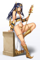 Rule 34 | 1girl, black hair, boots, breasts, c-string, egyptian, egyptian clothes, gold, heterochromia, highres, horus (houtengeki), houtengeki, jewelry, large breasts, long hair, looking at viewer, multicolored eyes, navel, original, red eyes, simple background, sitting, solo, staff, strapless bottom, twintails, white background, yellow eyes