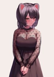 Rule 34 | 1girl, absurdres, ami no fuda, animal ears, black dress, black hair, black nails, blush, breasts, cleavage, dog ears, dog girl, dress, fang, frown, heterochromia, highres, inui toko, inui toko (5th costume), jewelry, lace dress, lace sleeves, large breasts, long hair, long sleeves, looking at viewer, necklace, nijisanji, official alternate costume, own hands together, see-through, see-through cleavage, see-through sleeves, simple background, skin fang, solo, sweat, sweatdrop, virtual youtuber, white background, yellow eyes
