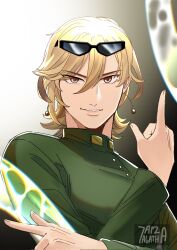 Rule 34 | 1boy, 7aizagatha, blonde hair, brown eyes, cherry earrings, commentary request, corrupted twitter file, cosplay, earrings, eyewear on head, food-themed earrings, food themed earrings, gakuran, hierophant green, highres, jewelry, jojo no kimyou na bouken, kakyoin noriaki, kakyoin noriaki&#039;s pose (jojo), kakyoin noriaki (cosplay), kaveh (genshin impact), male focus, school uniform, signature, smile, solo, stand (jojo), stardust crusaders, sunglasses, tentacles, upper body